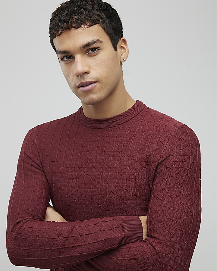 Red Muscle Fit Textured Jumper
