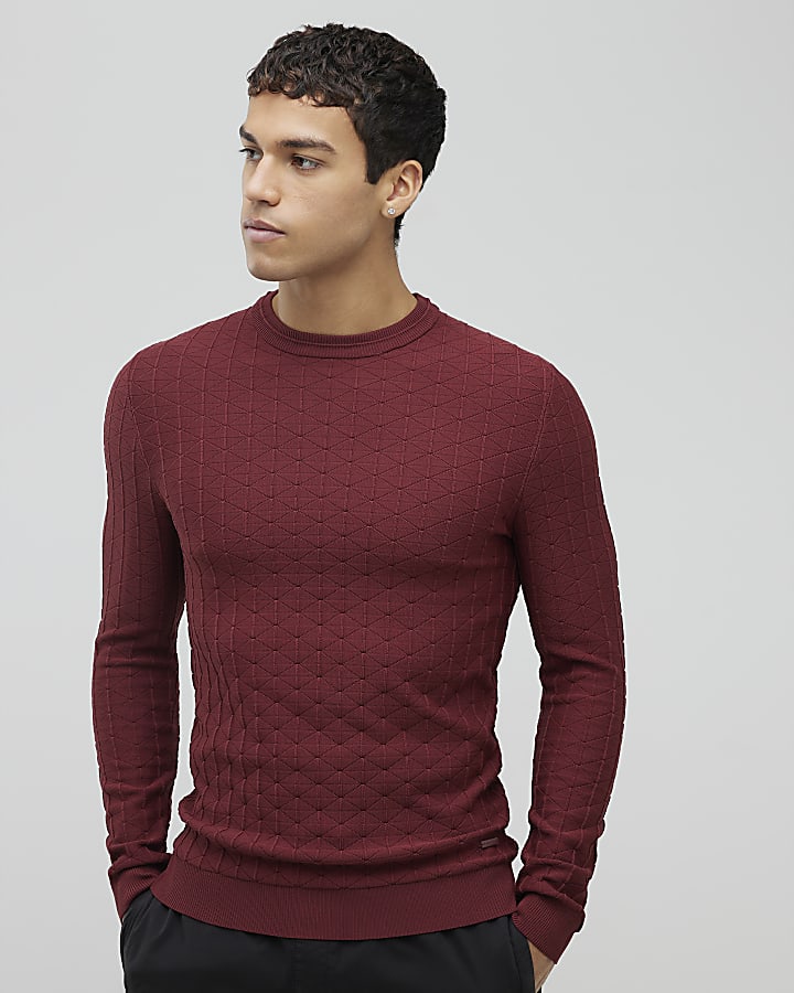 Red Muscle Fit Textured Jumper