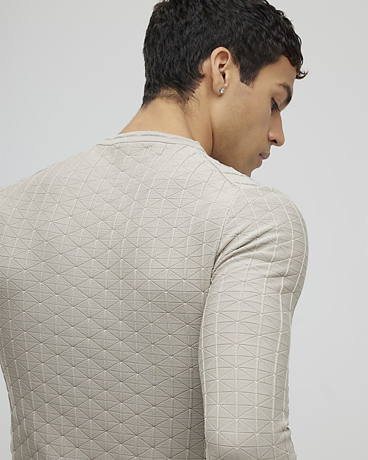 Beige Muscle Fit Textured Jumper