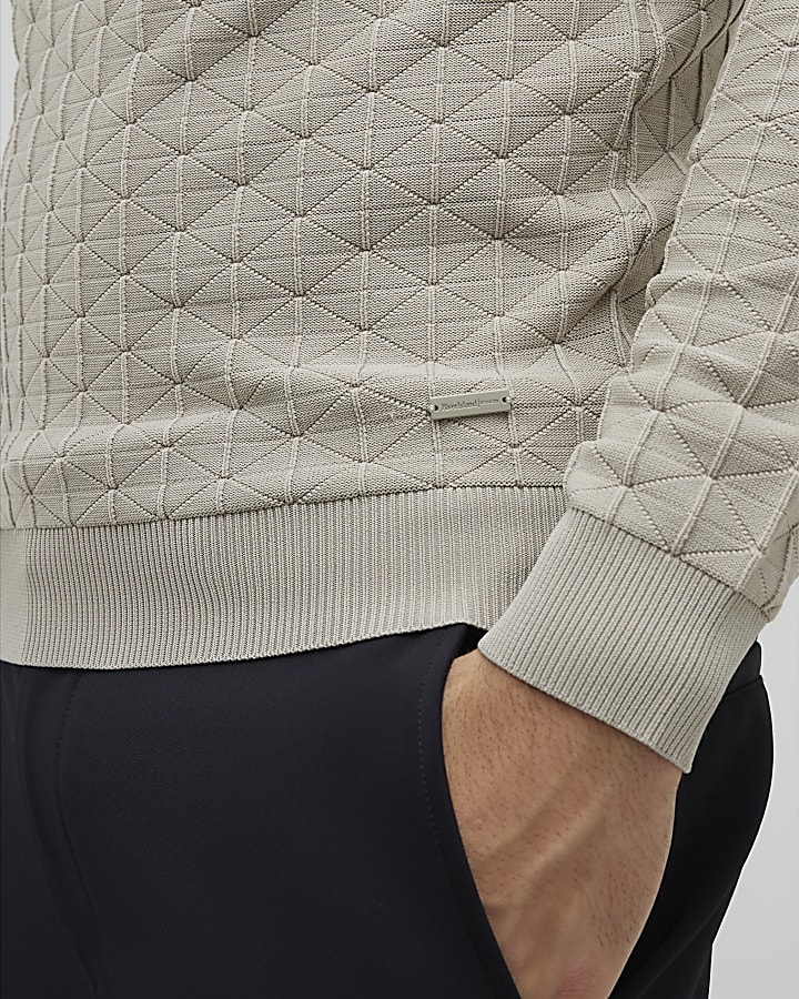 Beige Muscle Fit Textured Jumper