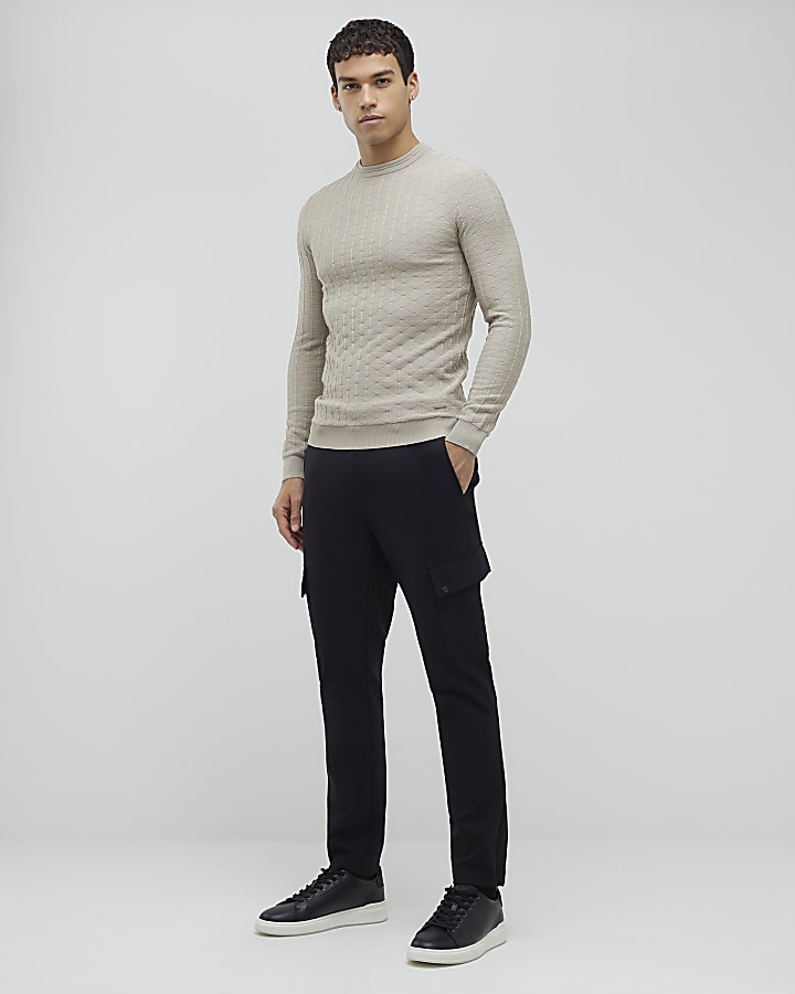 Beige Muscle Fit Textured Jumper