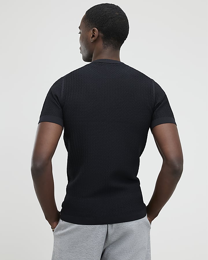 Black Muscle Fit Zig Zag Texture T-Shirt