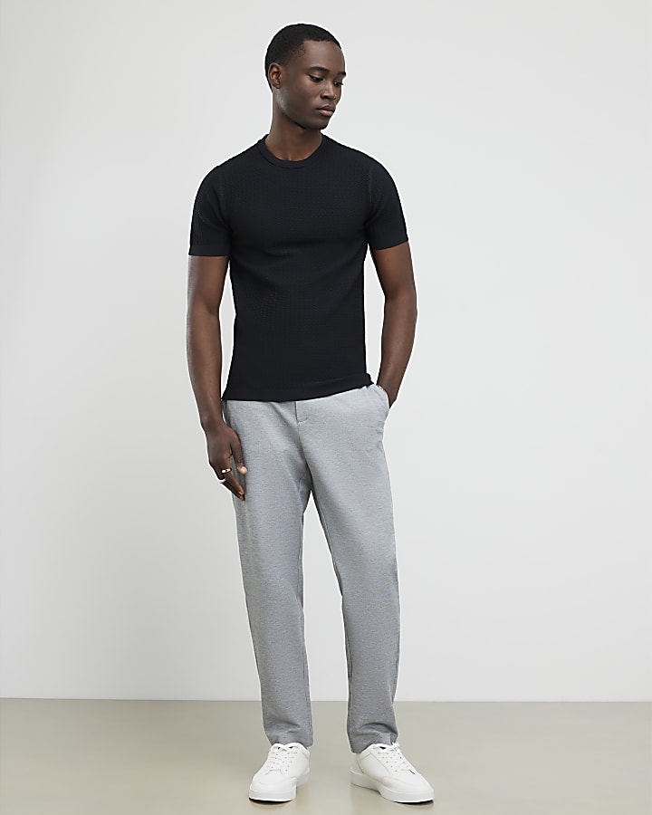 Black Muscle Fit Zig Zag Texture T-Shirt