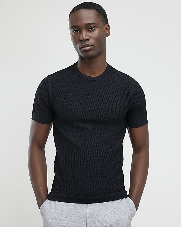 Black Muscle Fit Zig Zag Texture T-Shirt