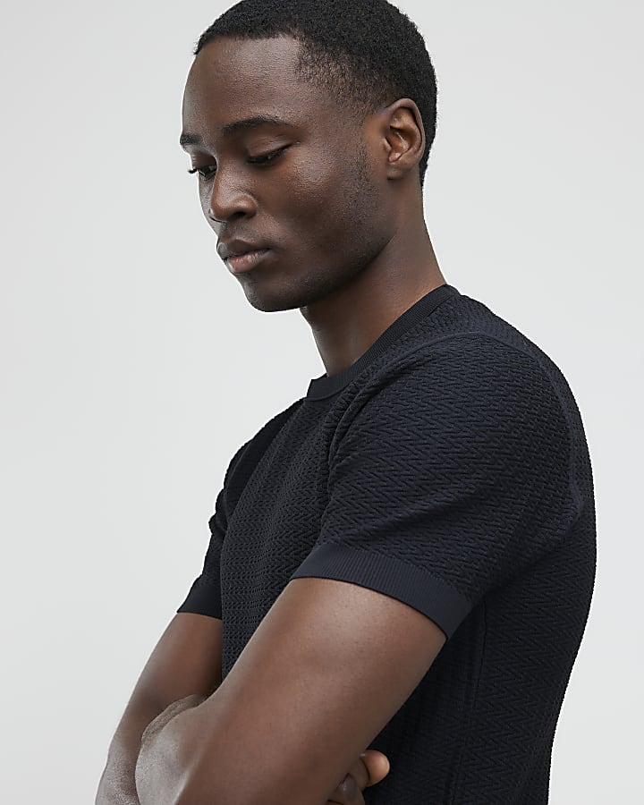 Black Muscle Fit Zig Zag Texture T-Shirt