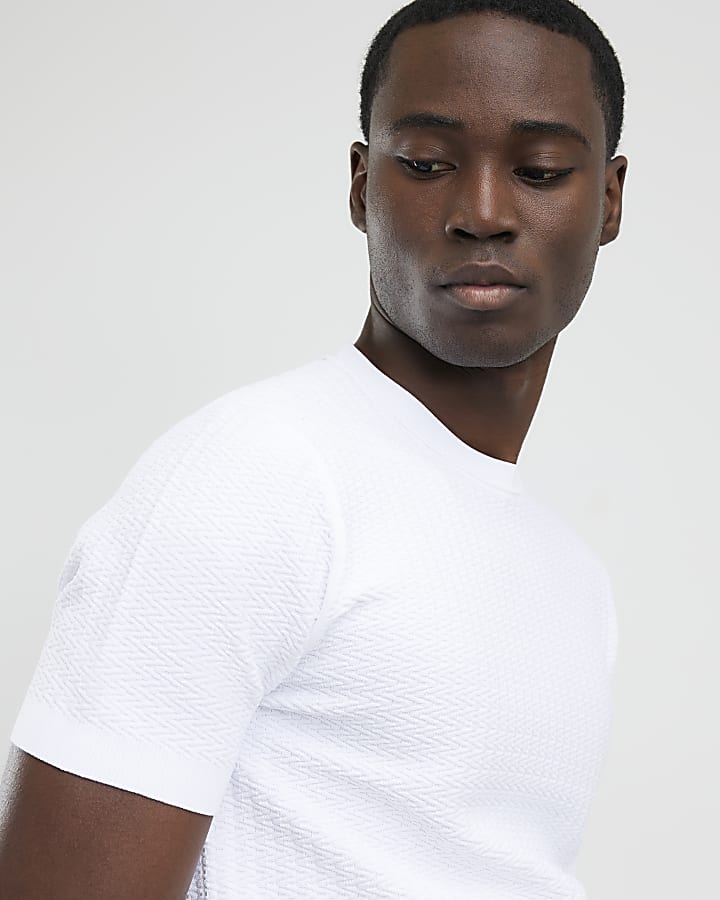 White Muscle Fit Zig Zag Texture T-Shirt