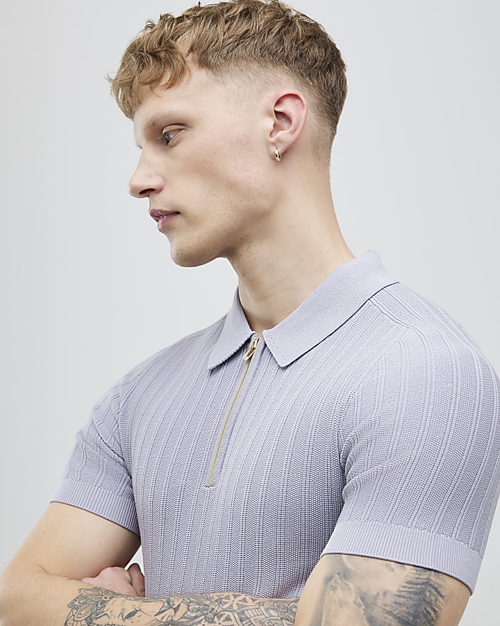 Purple Muscle Fit Ribbed Polo Shirt