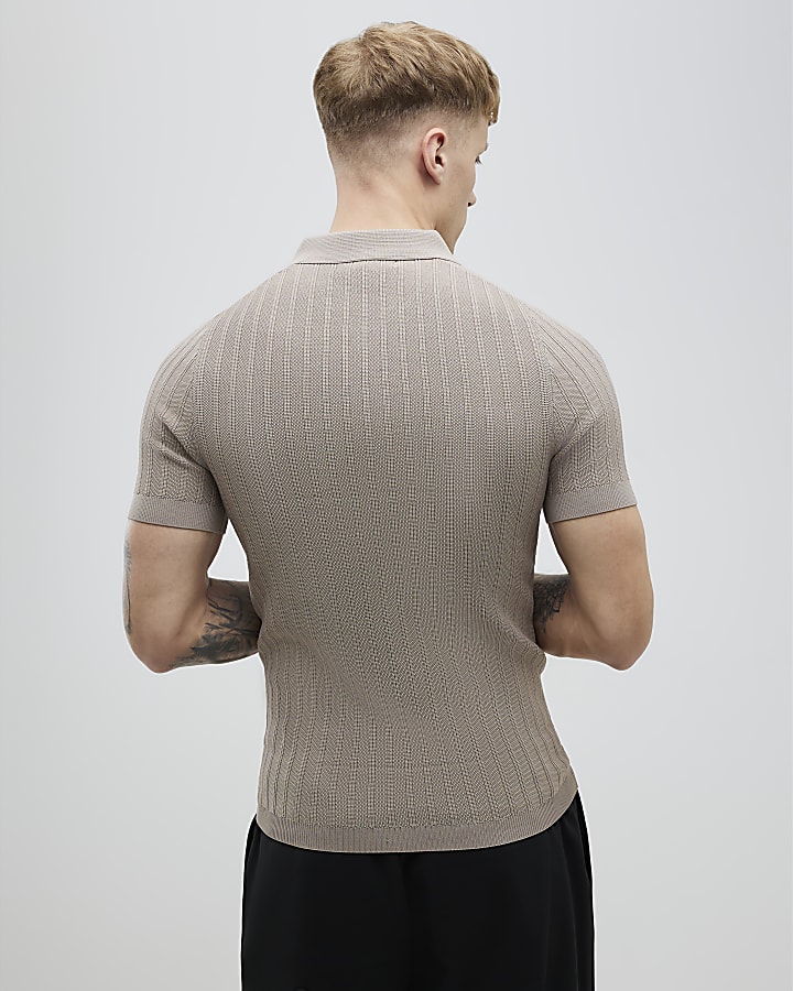 Beige Muscle Fit Rib Polo Shirt