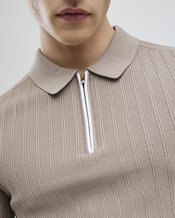 Beige Muscle Fit Rib Polo Shirt