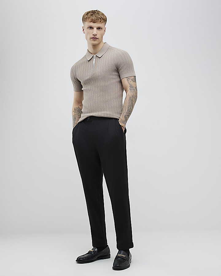 Beige Muscle Fit Rib Polo Shirt