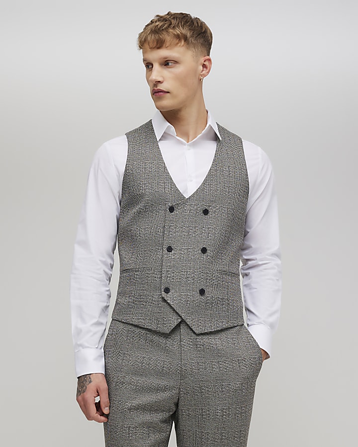 Grey Textured Check Waistcoat