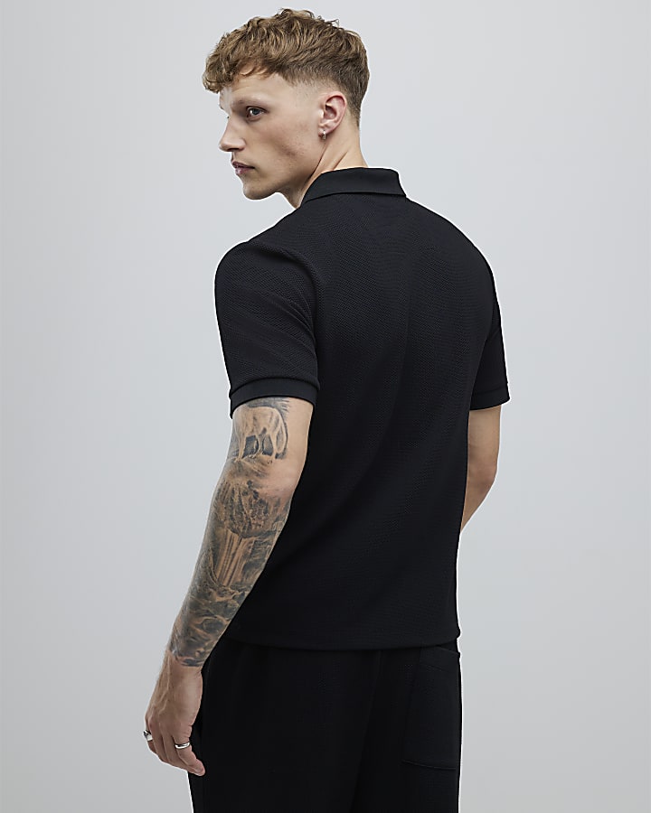 Black Slim Fit Button Polo Shirt