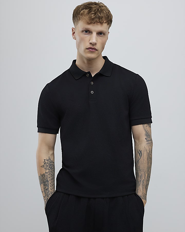 Black Slim Fit Button Polo Shirt