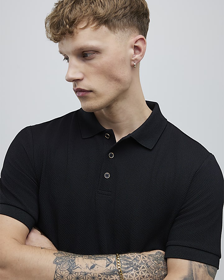 Black Slim Fit Button Polo Shirt
