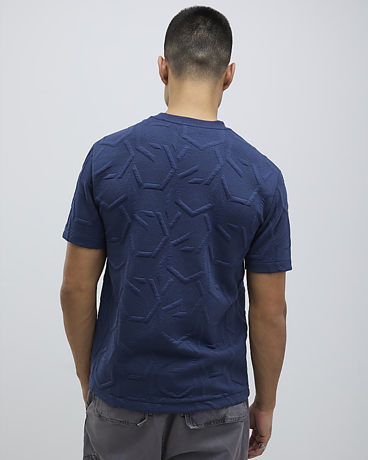 Navy Slim Fit Geometric Quilted T-Shirt