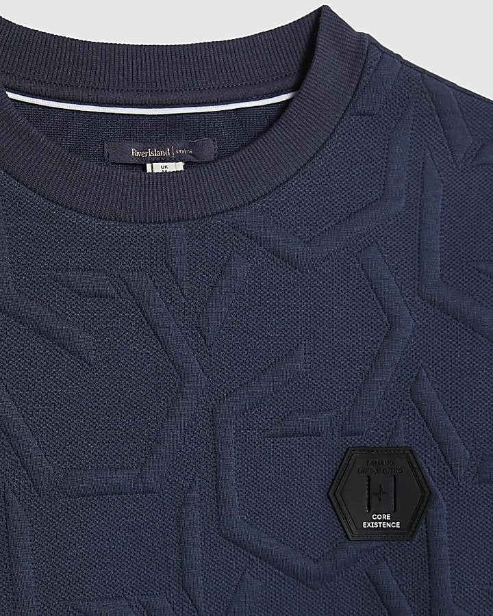 Navy Slim Fit Geometric Quilted T-Shirt
