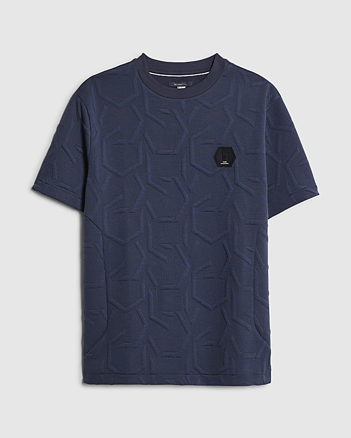 Navy Slim Fit Geometric Quilted T-Shirt