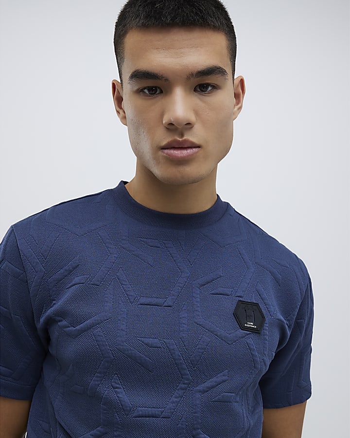 Navy Slim Fit Geometric Quilted T-Shirt