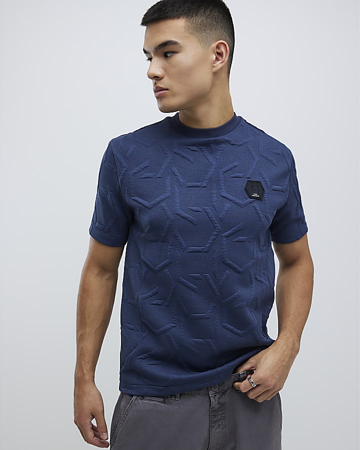 Navy Slim Fit Geometric Quilted T-Shirt