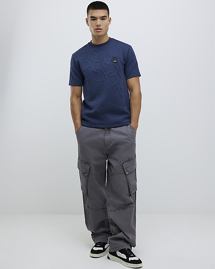 Navy Slim Fit Geometric Quilted T-Shirt
