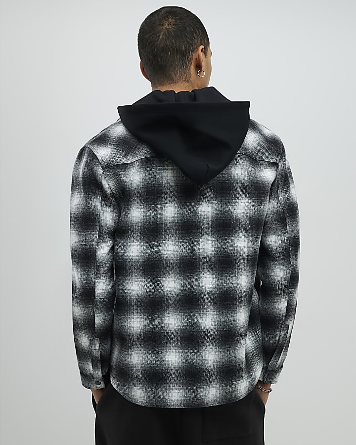 Black Oversized Fit Check Hooded Shirt