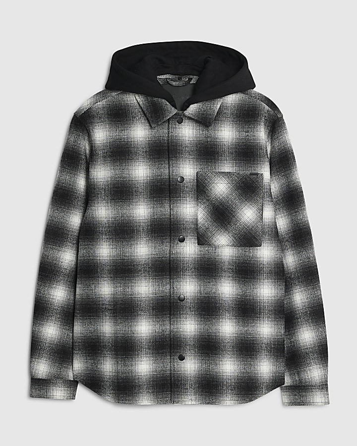 Black Oversized Fit Check Hooded Shirt