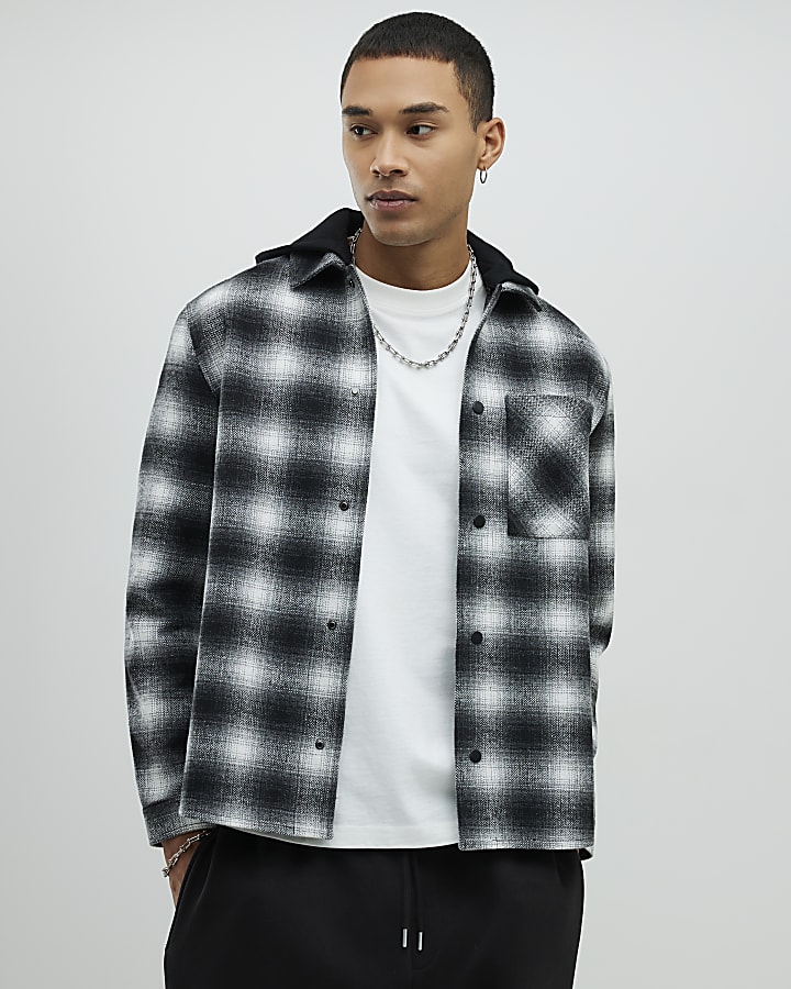 Black Oversized Fit Check Hooded Shirt