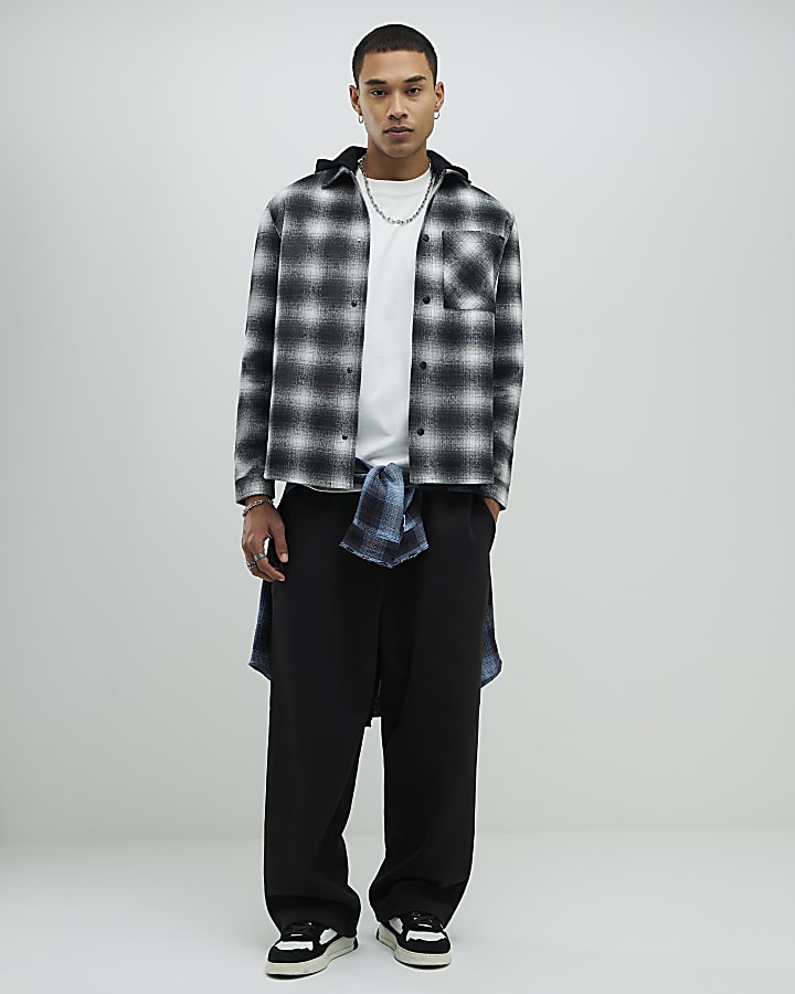 Black Oversized Fit Check Hooded Shirt