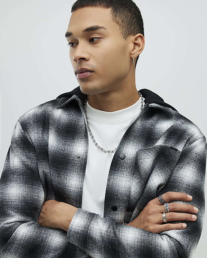 Black Oversized Fit Check Hooded Shirt