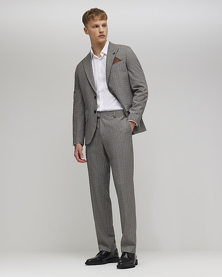 Grey Slim Fit Check Trousers