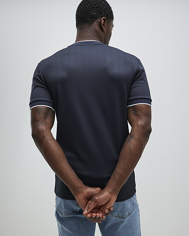 Navy Muscle Fit Les Amis Stripe T-Shirt