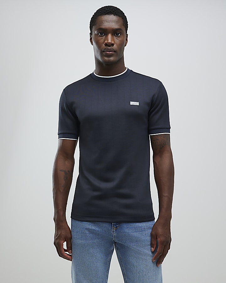 Navy Muscle Fit Les Amis Stripe T-Shirt