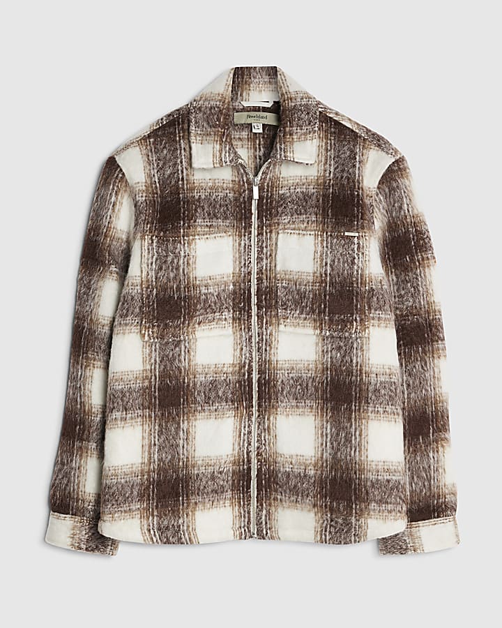 Brown Regular Fit Check Zip Overshirt