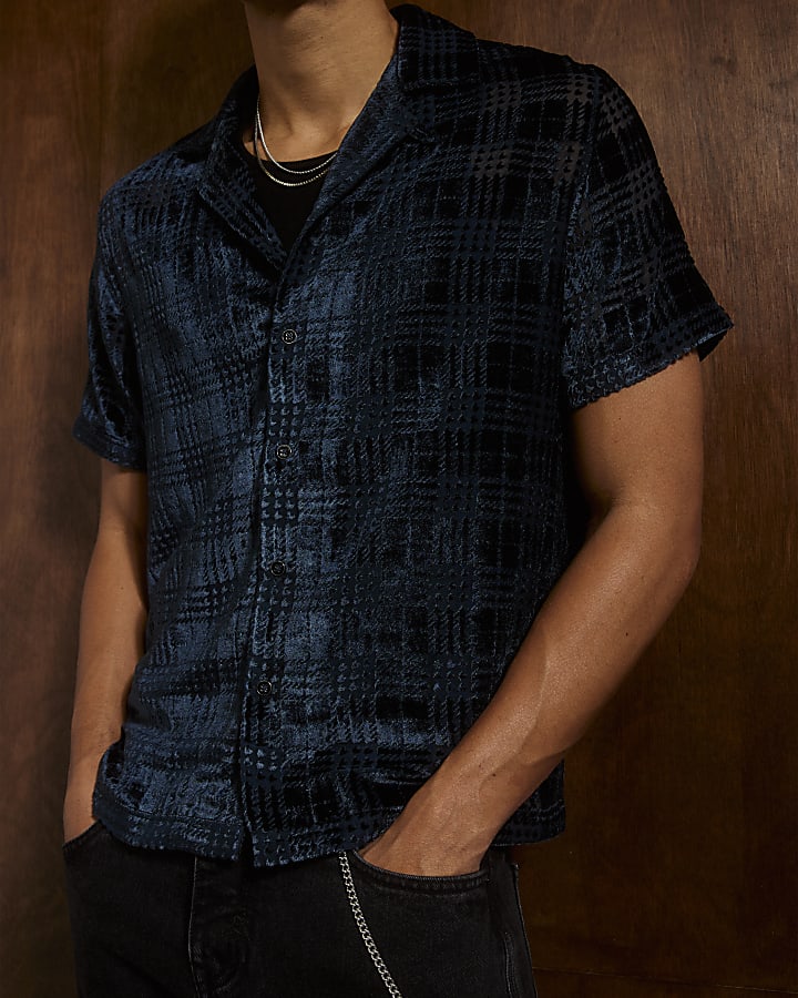 Navy Regular Fit Velour Check Shirt