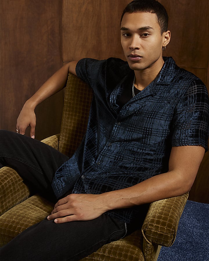 Navy Regular Fit Velour Check Shirt