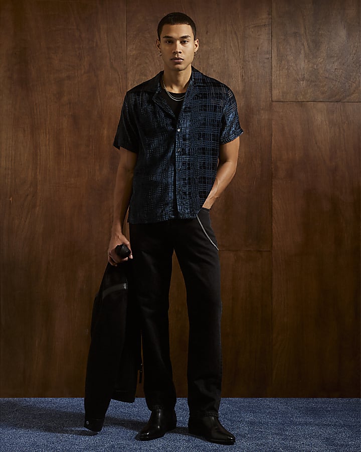 Navy Regular Fit Velour Check Shirt