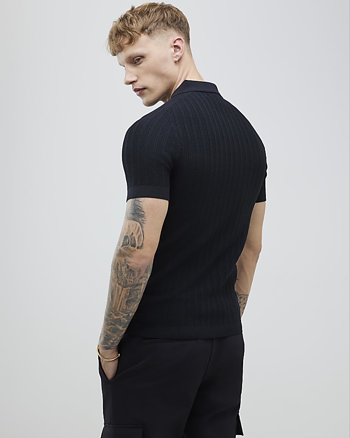 Black Muscle Fit Ribbed Polo Shirt