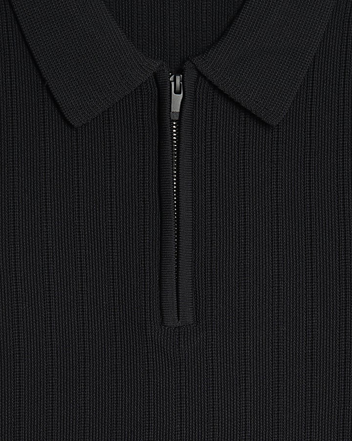 Black Muscle Fit Ribbed Polo Shirt