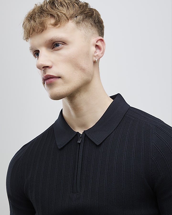 Black Muscle Fit Ribbed Polo Shirt