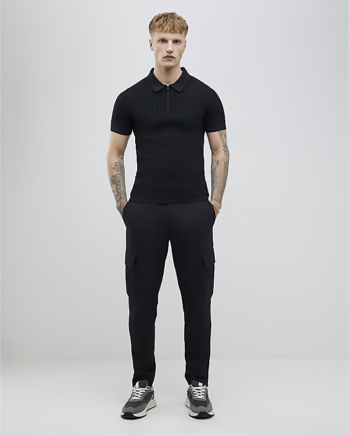 Black Muscle Fit Ribbed Polo Shirt