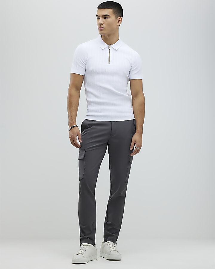White Muscle Fit Rib Polo Shirt