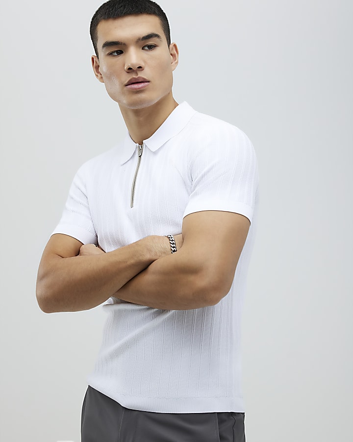 White Muscle Fit Rib Polo Shirt