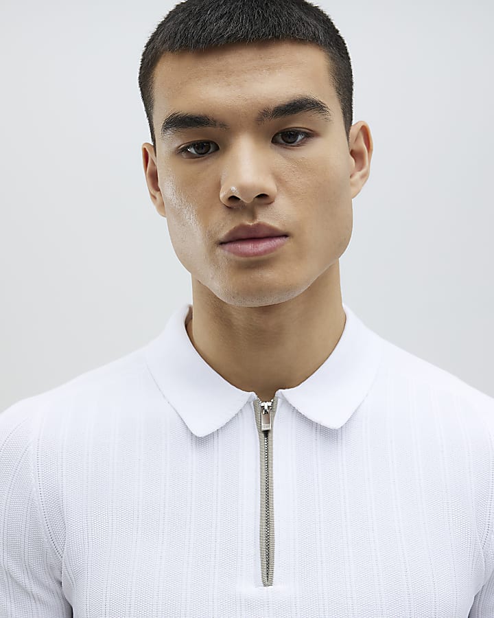 White Muscle Fit Rib Polo Shirt