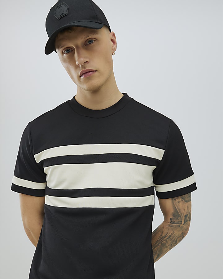 Black Slim Fit Pique Colour Block T-Shirt