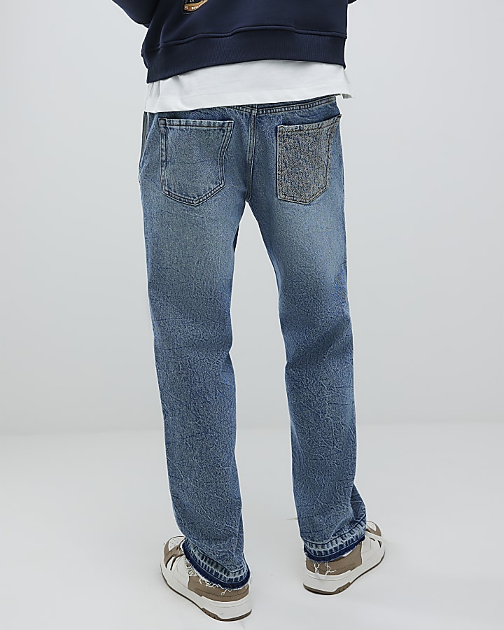 Blue Loose Fit Embroidered Pocket Jeans