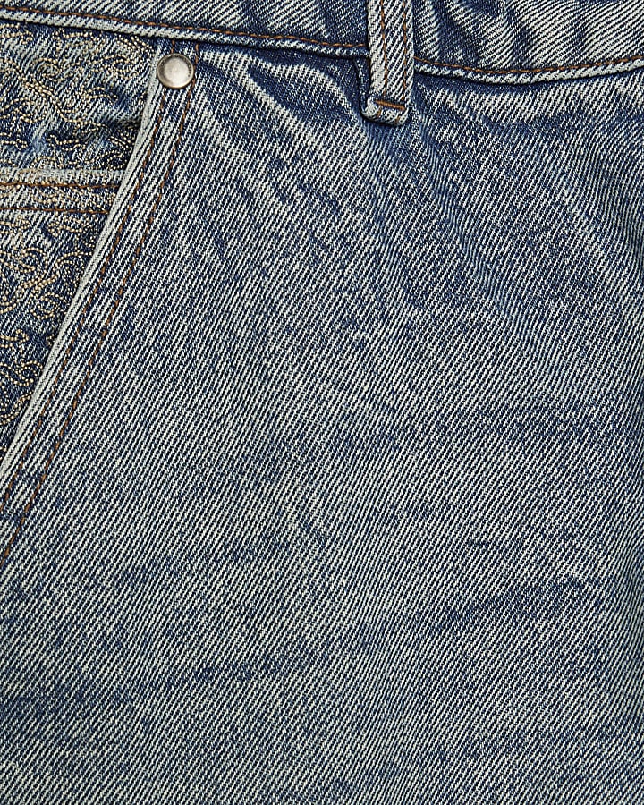 Blue Loose Fit Embroidered Pocket Jeans