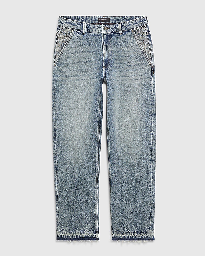 Blue Loose Fit Embroidered Pocket Jeans