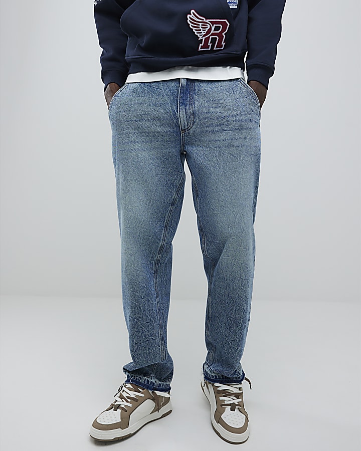 Blue Loose Fit Embroidered Pocket Jeans