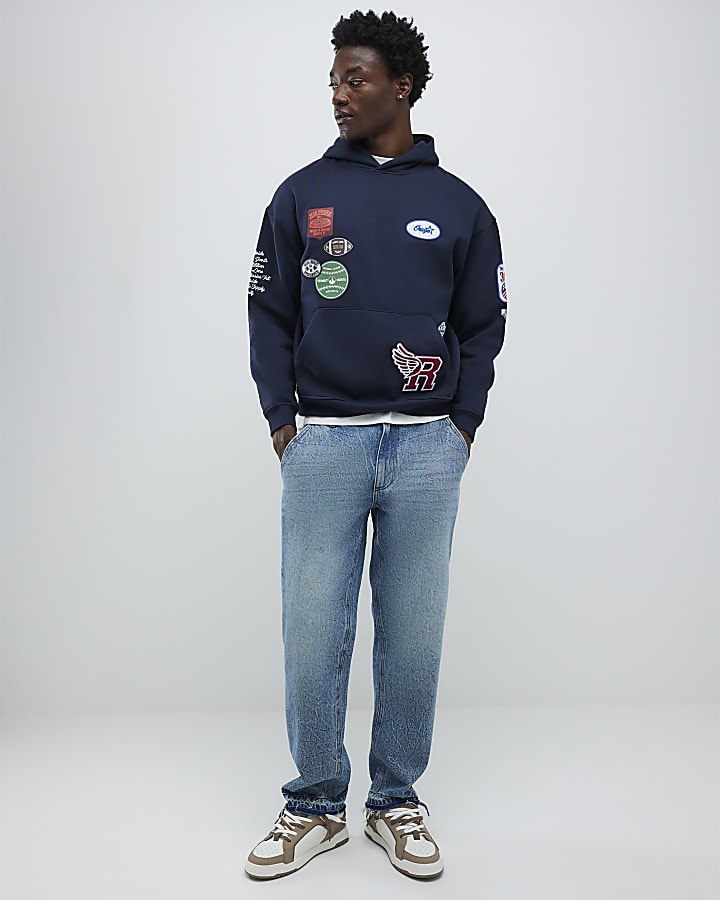 Blue Loose Fit Embroidered Pocket Jeans