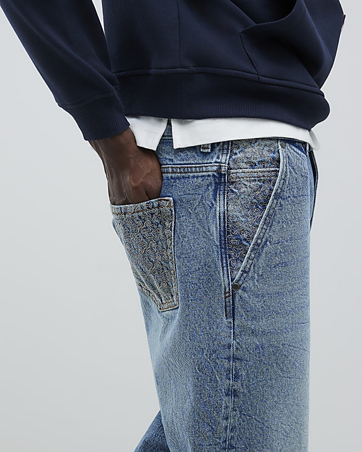 Blue Loose Fit Embroidered Pocket Jeans